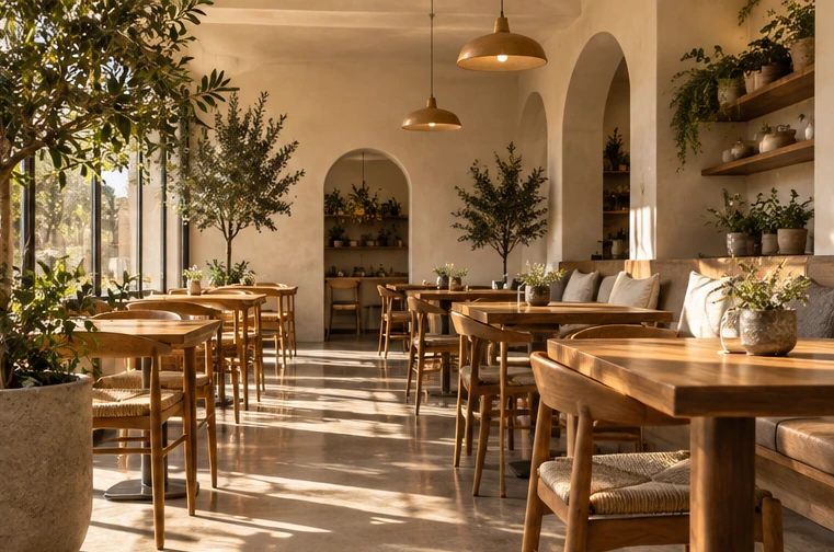 Illustrative neighborhood cafe interior with warm wood, plants and empty tables