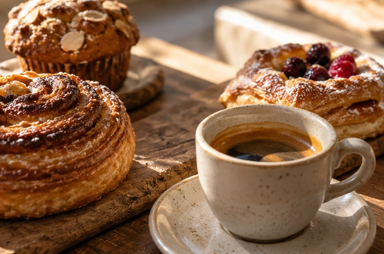 Illustrative coffee, pastries and a shared table