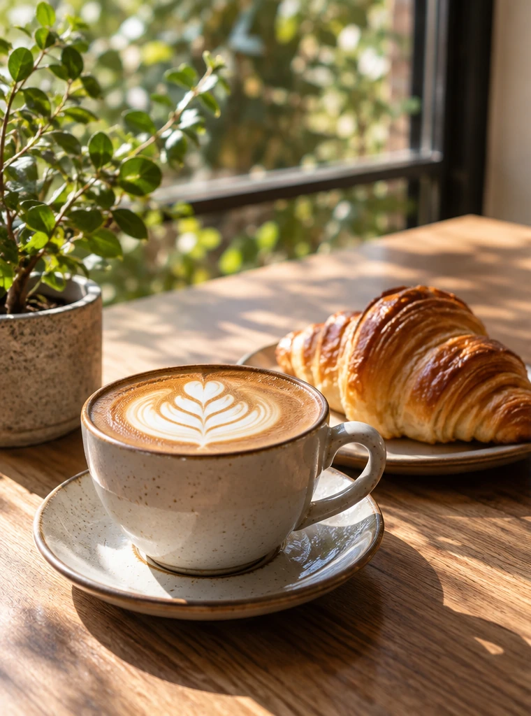 Illustrative latte and croissant on a sunlit wooden cafe table