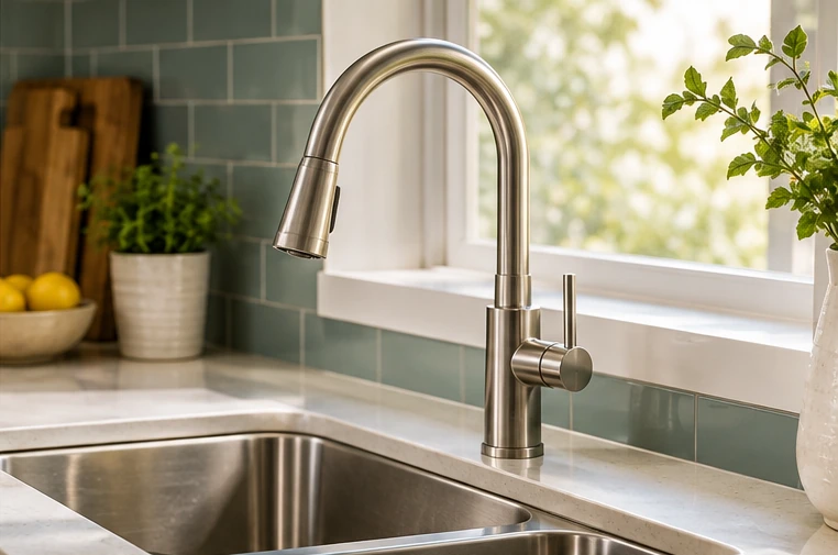 Illustrative modern kitchen sink beside a sunny window