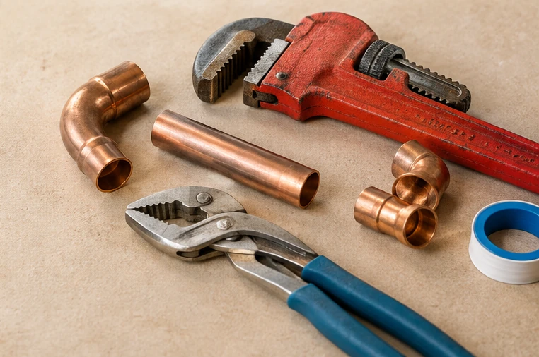 Illustrative copper fittings, pipe wrench and plumbing tools