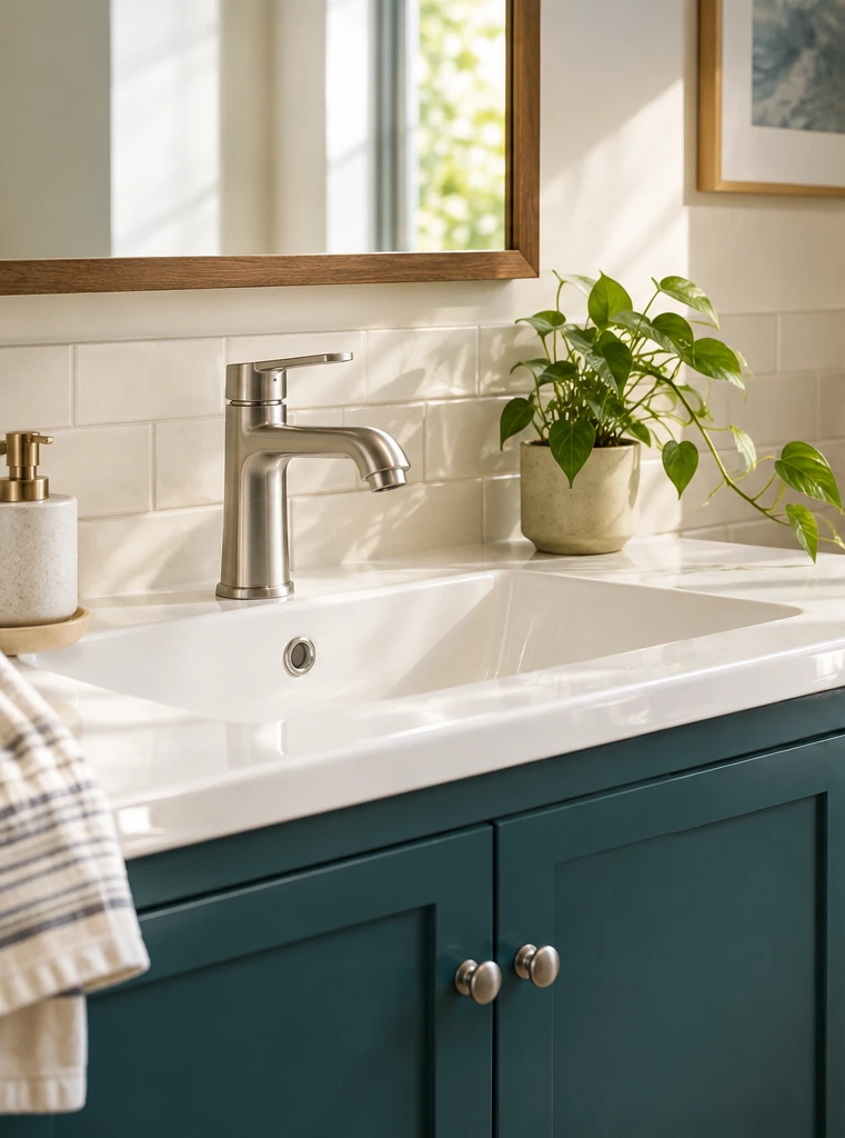 Illustrative bathroom with a chrome tap, white basin and deep teal vanity