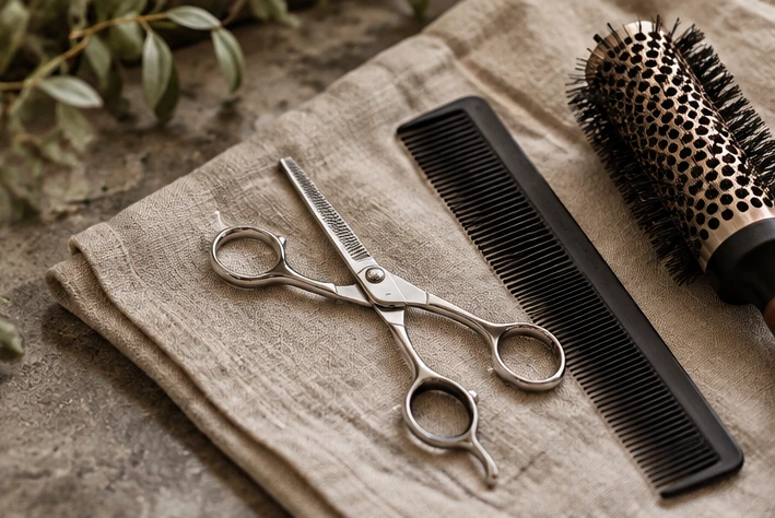 Illustrative salon scissors, comb and round brush on neutral linen