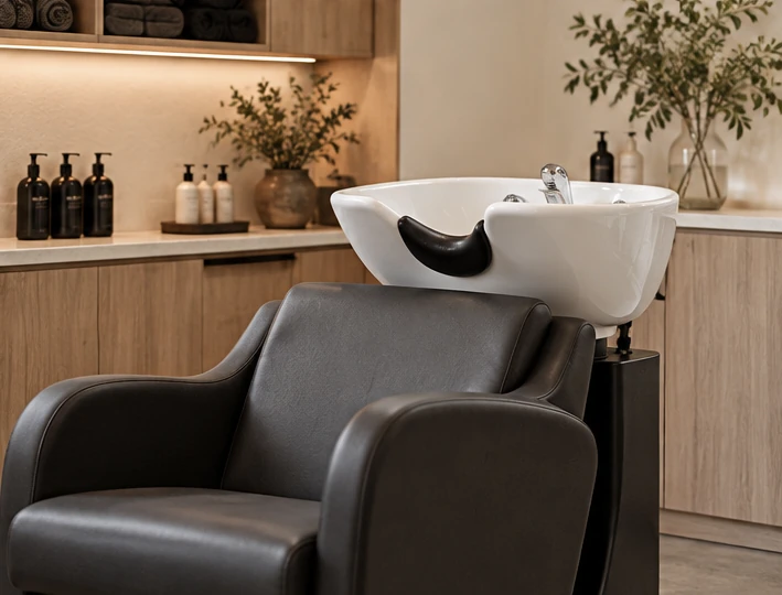 Illustrative hair-wash station in a softly lit neutral salon