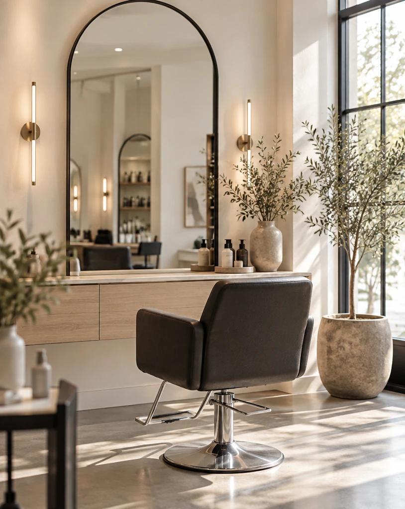 Illustrative hair studio with an arched mirror and charcoal styling chair
