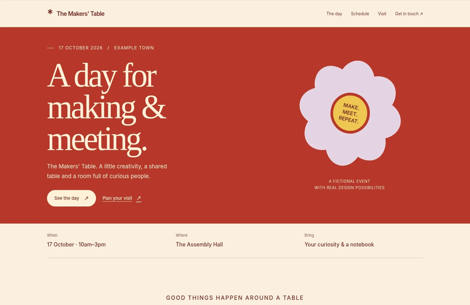 Event sample website, desktop view
