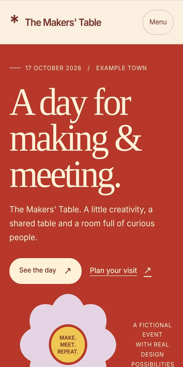 Event sample website, mobile view
