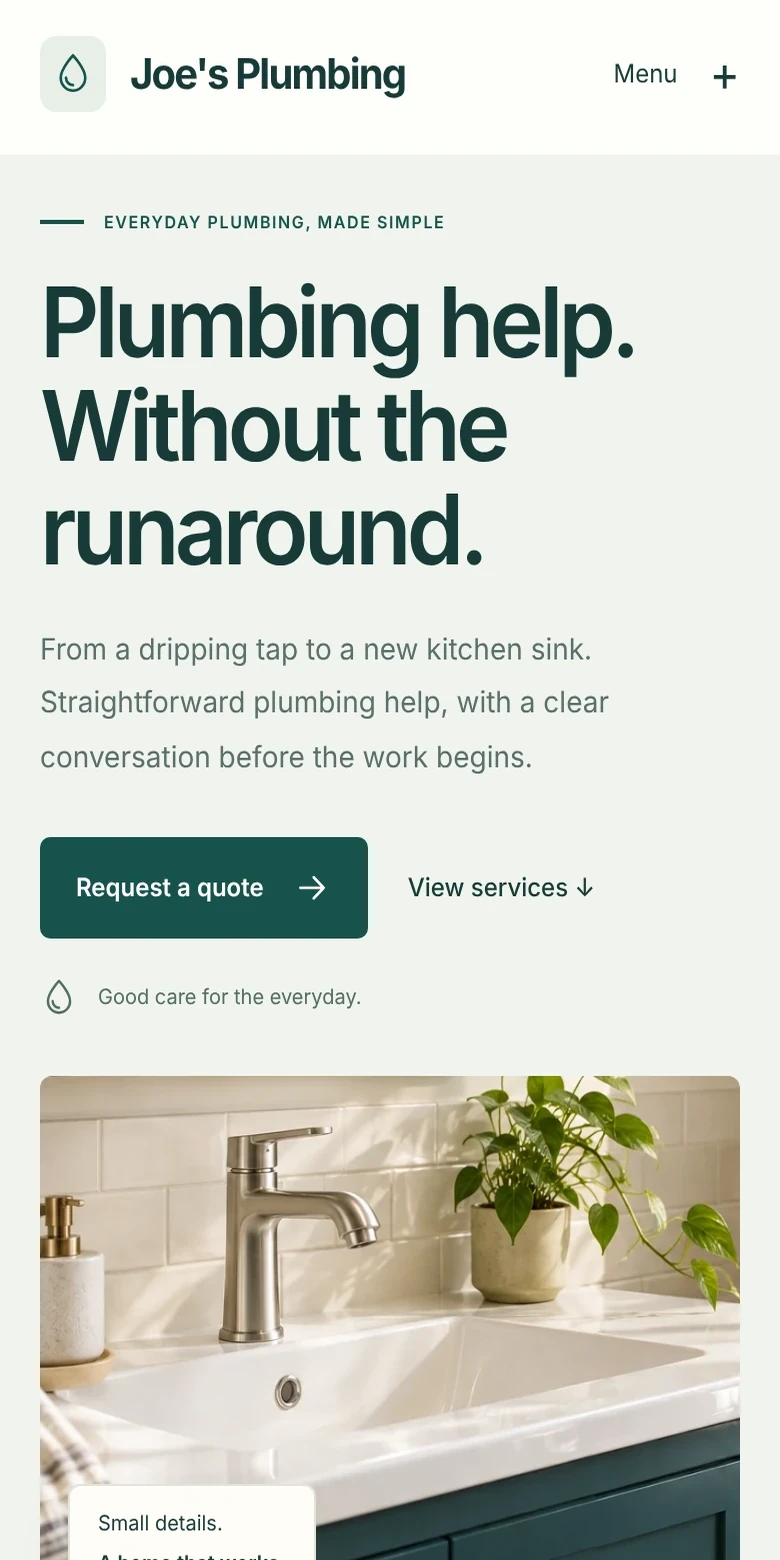 Clean sample website, mobile view
