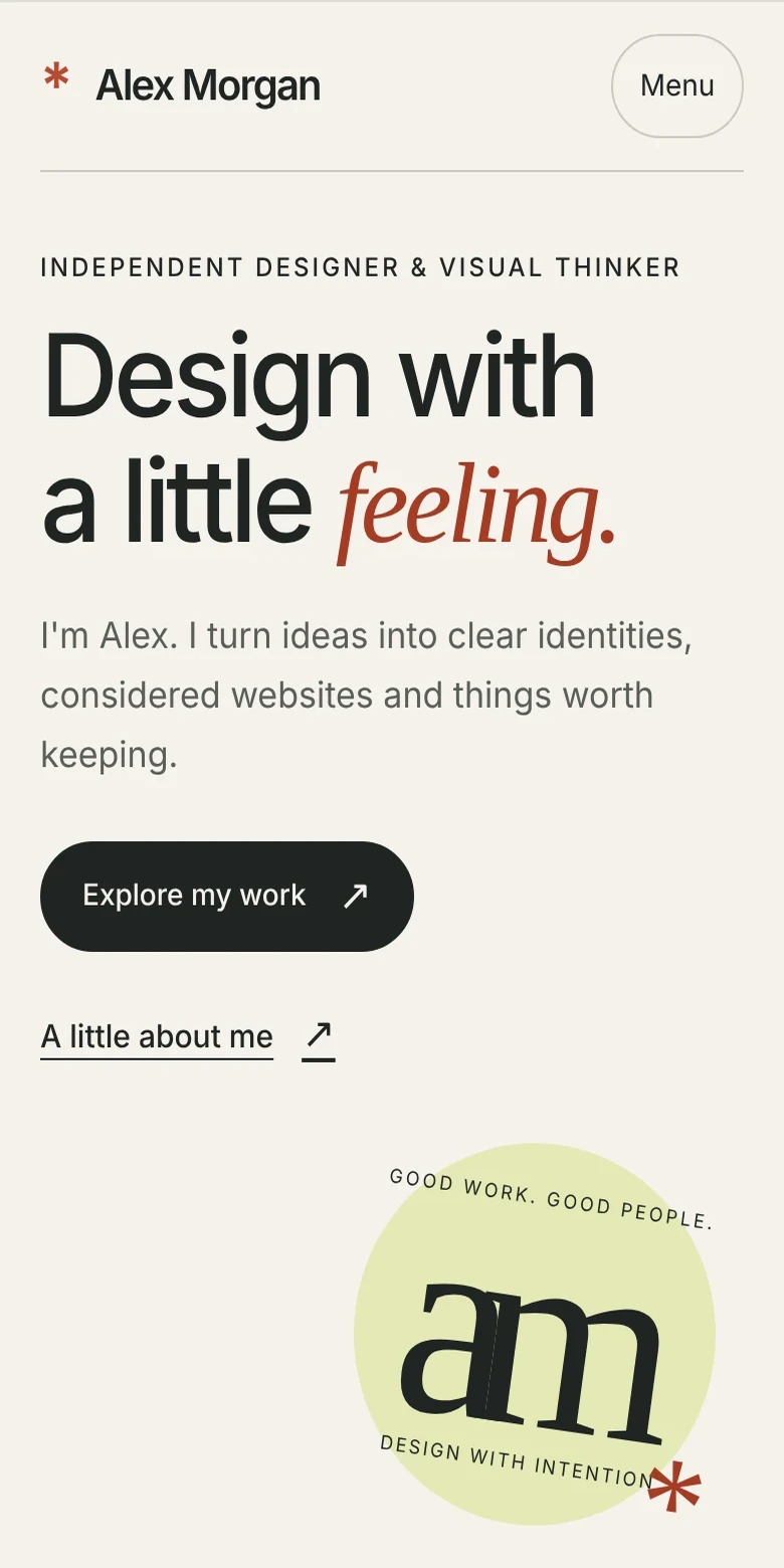 Portfolio sample website, mobile view