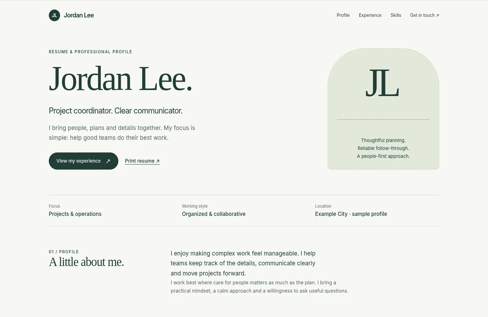 Resume sample website, desktop view