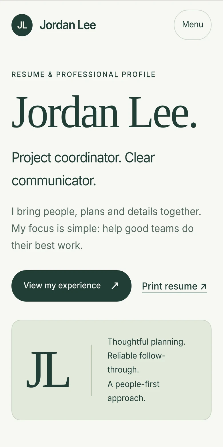 Resume sample website, mobile view
